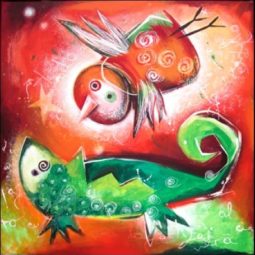 Lagartija con pájaro