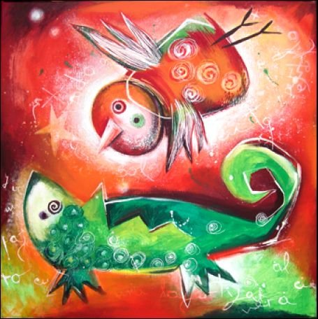 Lagartija con pájaro