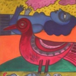 Grand oiseau rouge et serpent