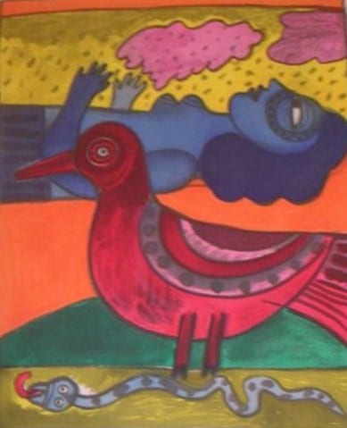 Grand oiseau rouge et serpent